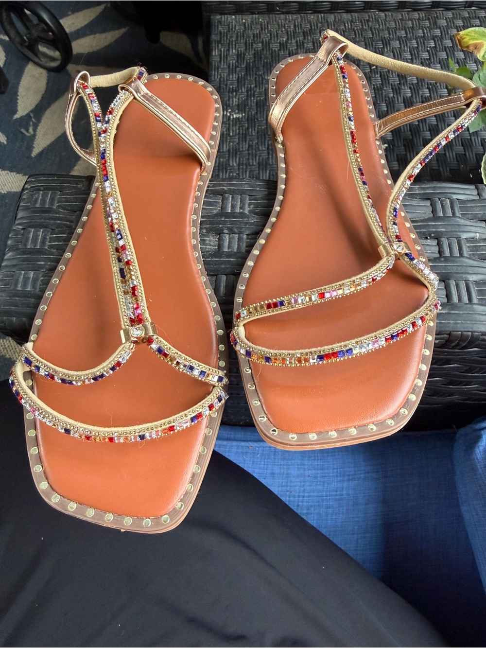 Gold T-Strap Beaded Red, White & Blue Jeweled Women's Sandals - Tan Footbed